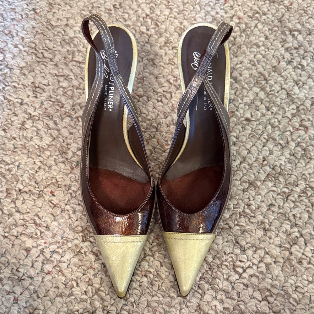 Donald J. Pliner Brown and Gold Pointed Slingback Heels
